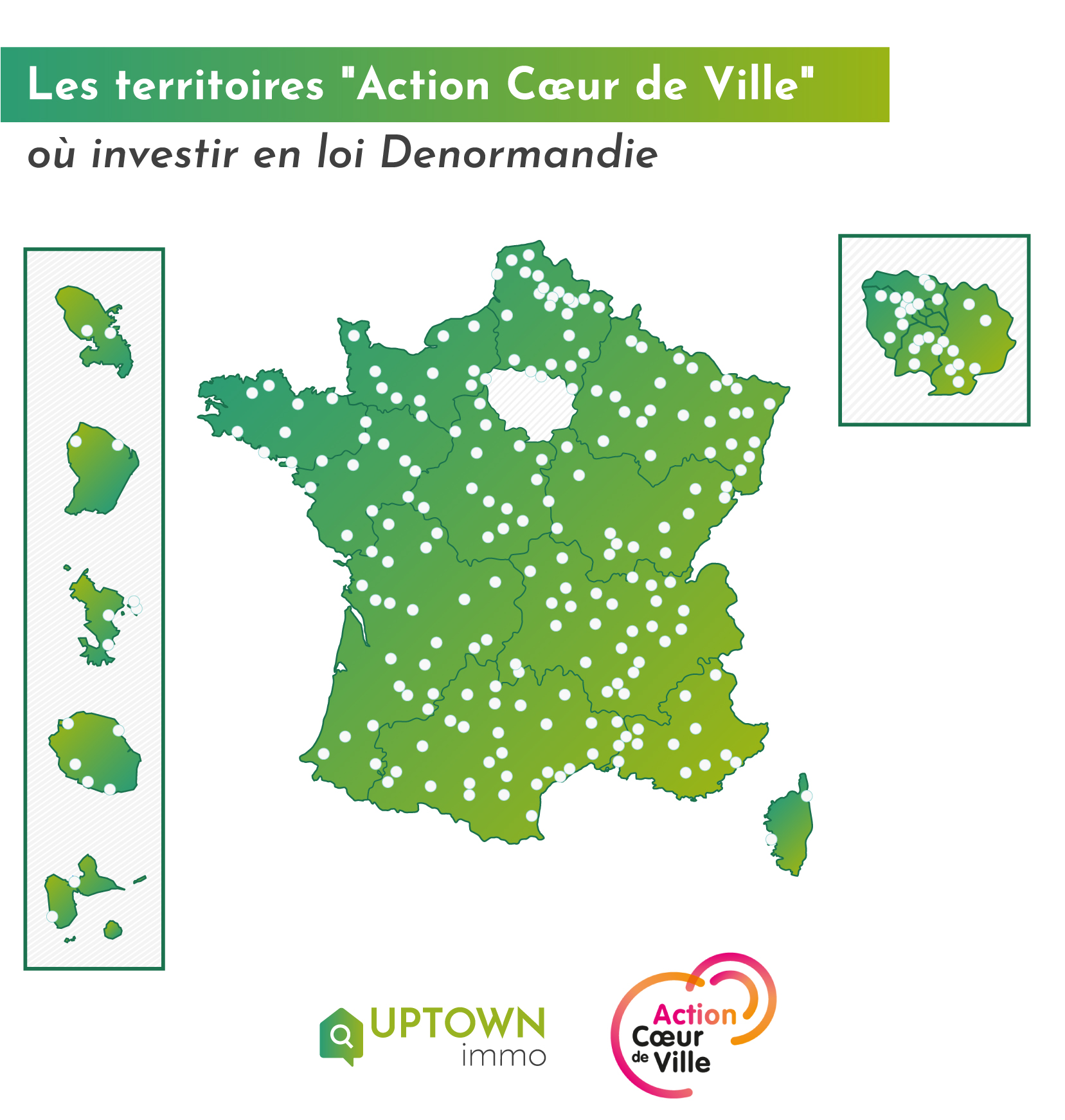 Carte présentant les villes éligibles à la loi Denormandie avec le Plan Action Cœur de ville
